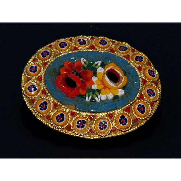 Vintage Italian Floral Micro Mosaic Oval Brooch, Murano Glass, 1950s, 1 1/2 Inch - Picture 7 of 10